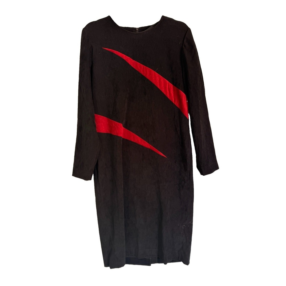 Leslie Fay Vintage Woman's Black  Dress Sz US 10 Red Colorblock‎ Slash Midi